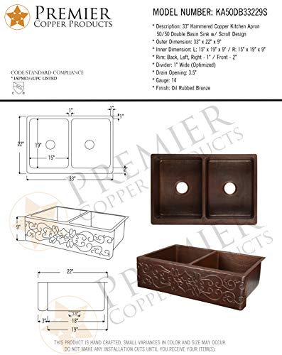 Premier Copper Products KA50DB33229S 33-Inch Hammered Copper Kitchen Apron 50/50 Double Basin Sink with Scroll Design, Oil Rubbed Bronze