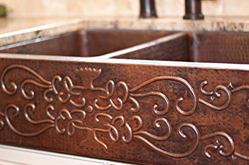 Premier Copper Products KA50DB33229S 33-Inch Hammered Copper Kitchen Apron 50/50 Double Basin Sink with Scroll Design, Oil Rubbed Bronze