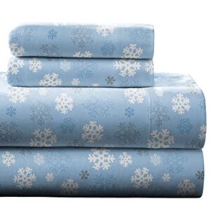 Pointehaven Heavy Weight Flannel Cotton Sheet Set, Twin, Snow Flakes Blue