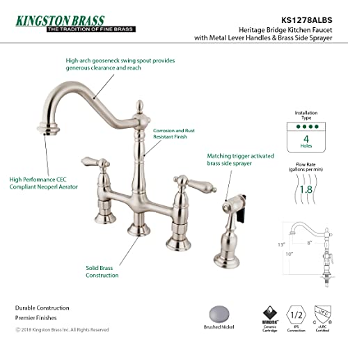 Kingston Brass KS1278ALBS Heritage Bridge Kitchen Faucet, 8-3/4", Brushed Nickel