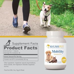 Ayush Pet Mobility, Curcumin Supplement for Healthy Joints, Pure and Powerful Joint, Digestion, and Brain Support, Large or Small Pets, 90 Capsules