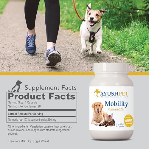 Ayush Pet Mobility, Curcumin Supplement for Healthy Joints, Pure and Powerful Joint, Digestion, and Brain Support, Large or Small Pets, 90 Capsules