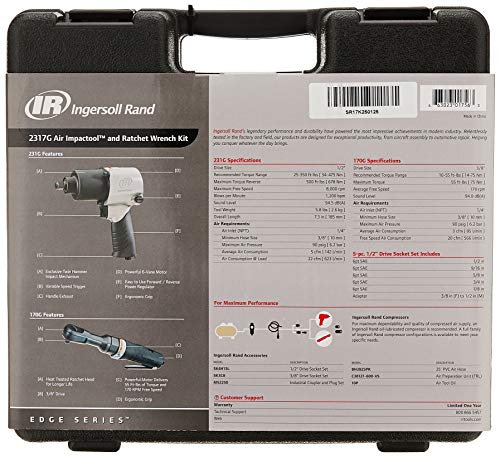 Ingersoll Rand 2317G Edge Series Kit with 231G Air Impact & 170G Air Ratchet Wrench, 5 Piece Socket Set and Storage Carry Case, Ergonomic Grips, Black