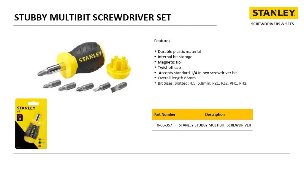 Stanley 0-66-357 Bit-Screwdriver with 6 Bits Slotted/PH, Black/Yellow