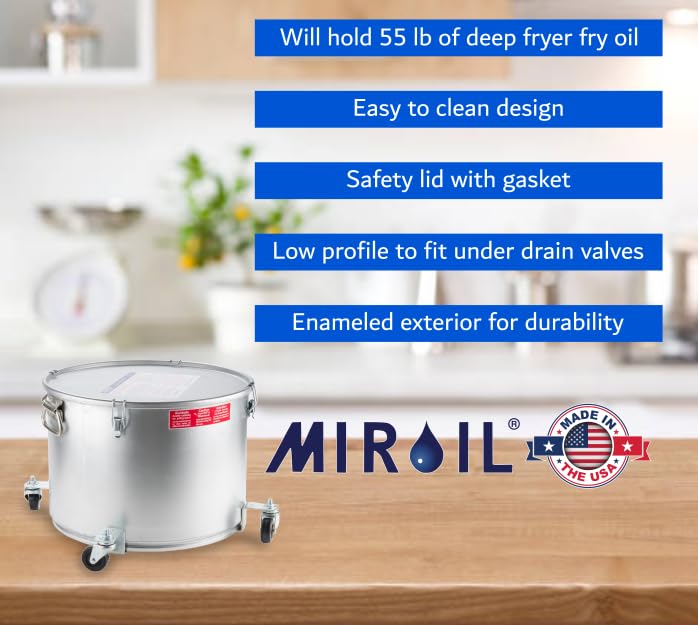 MirOil Oil Filter Pot Combo Set, Grease Bucket Oil Storage Pot, Safety Lid, Holds up to 55lbs Oil, Low Profile with Castor Mobility Base, Includes a B6PS Reusable Filter Bag