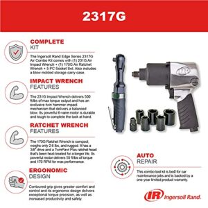 Ingersoll Rand 2317G Edge Series Kit with 231G Air Impact & 170G Air Ratchet Wrench, 5 Piece Socket Set and Storage Carry Case, Ergonomic Grips, Black