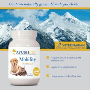 Ayush Pet Mobility, Curcumin Supplement for Healthy Joints, Pure and Powerful Joint, Digestion, and Brain Support, Large or Small Pets, 90 Capsules