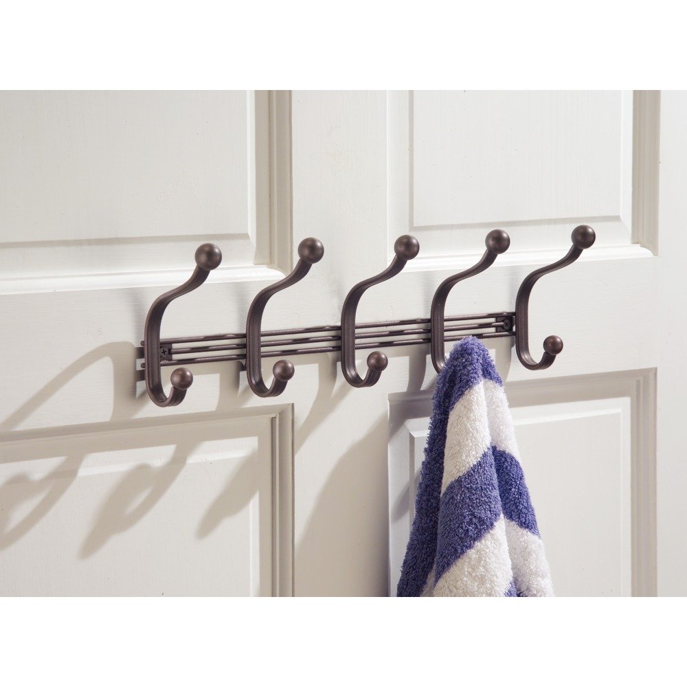 InterDesign York Lyra Wall Mount Storage Rack – Hanging Hooks for Jackets, Coats, Hats, Scarves - 5 Dual Hooks, Bronze