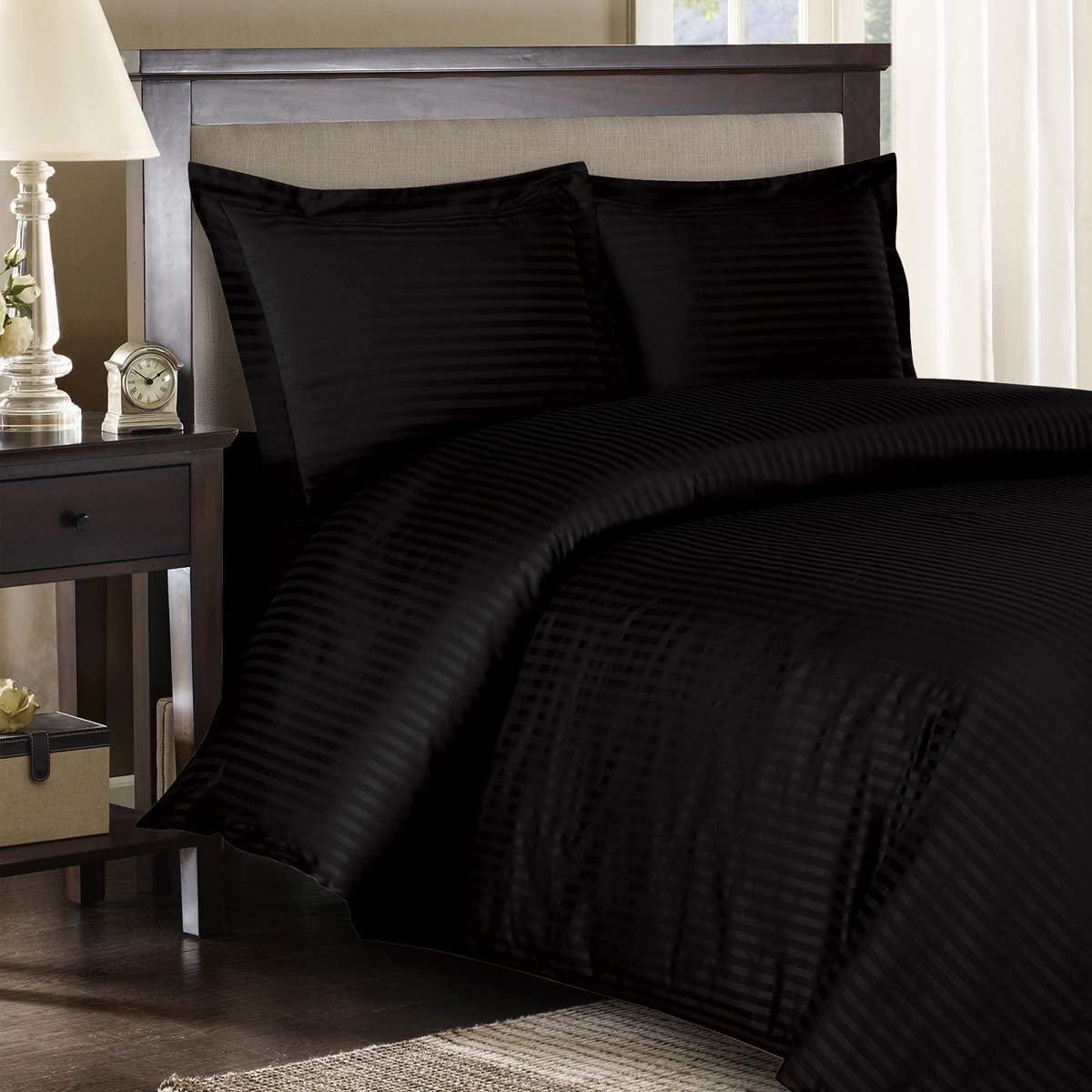 Royal Hotel's 8pc King Size Bed-in-a-Bag Striped Black 300-Thread-Count Siberian Goose Down Comforter 100 Percent Cotton 100% Cotton - Includes Sheets and Duvet Cover Sets