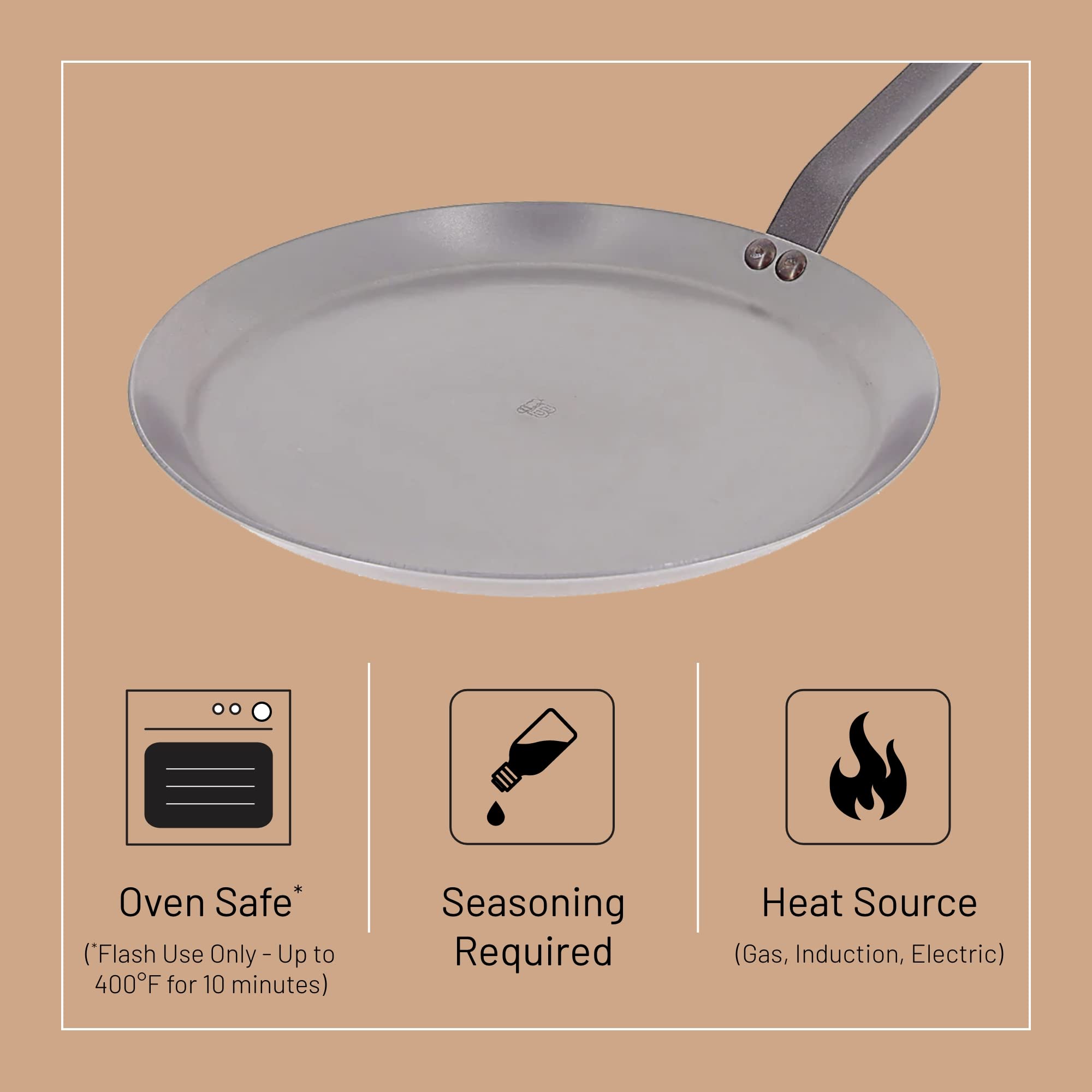 de Buyer MINERAL B Carbon Steel Crepe & Tortilla Pan - 10.5” - Ideal for Making & Reheating Crepes, Tortillas & Pancakes - Naturally Nonstick - Made in France