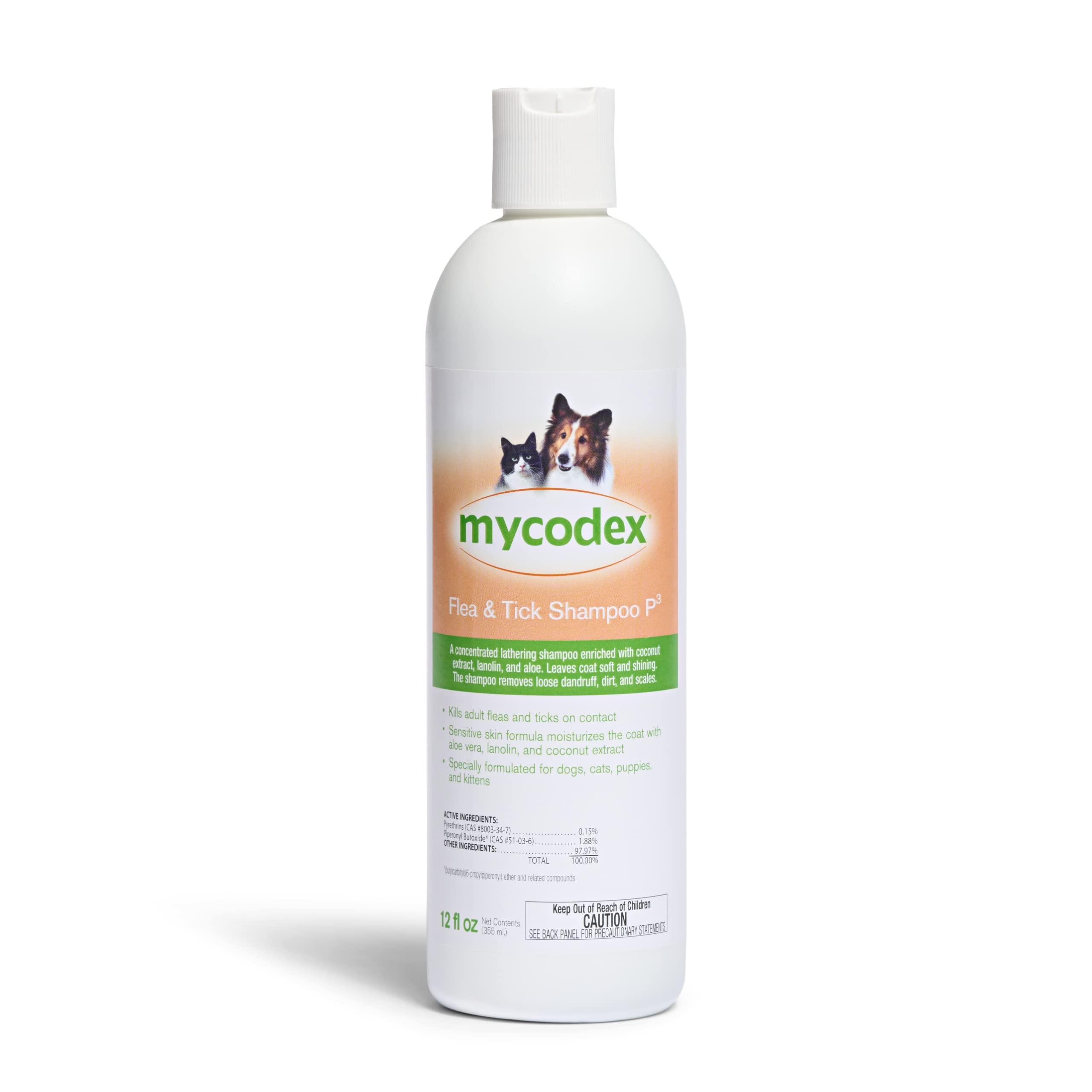 PRN Pharmacal Mycodex Flea and Tick Shampoo P3 - Sensitive Skin Shampoo for Dogs & Cats - with Oatmeal, Lanolin, & Aloe - Removes Dandruff, Dirt, & Scales While Killing Fleas, Ticks & Lice - 12 Fl Oz