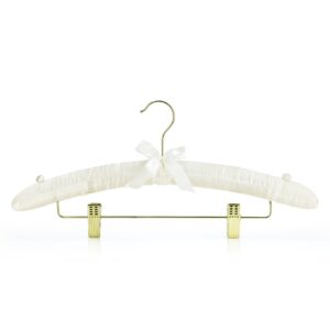 HANGERWORLD Pack of 5 Ivory Satin Padded Hangers with Clips for Skirts, Pants & Sweaters with Non-Slip Buttons, Pretty Hanger for Women Clothing - 17 Inch