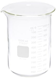 corning pyrex 1000-1l glass 1 liter graduated low form griffin beaker, 50ml graduation interval, with double scale (pack of 6)