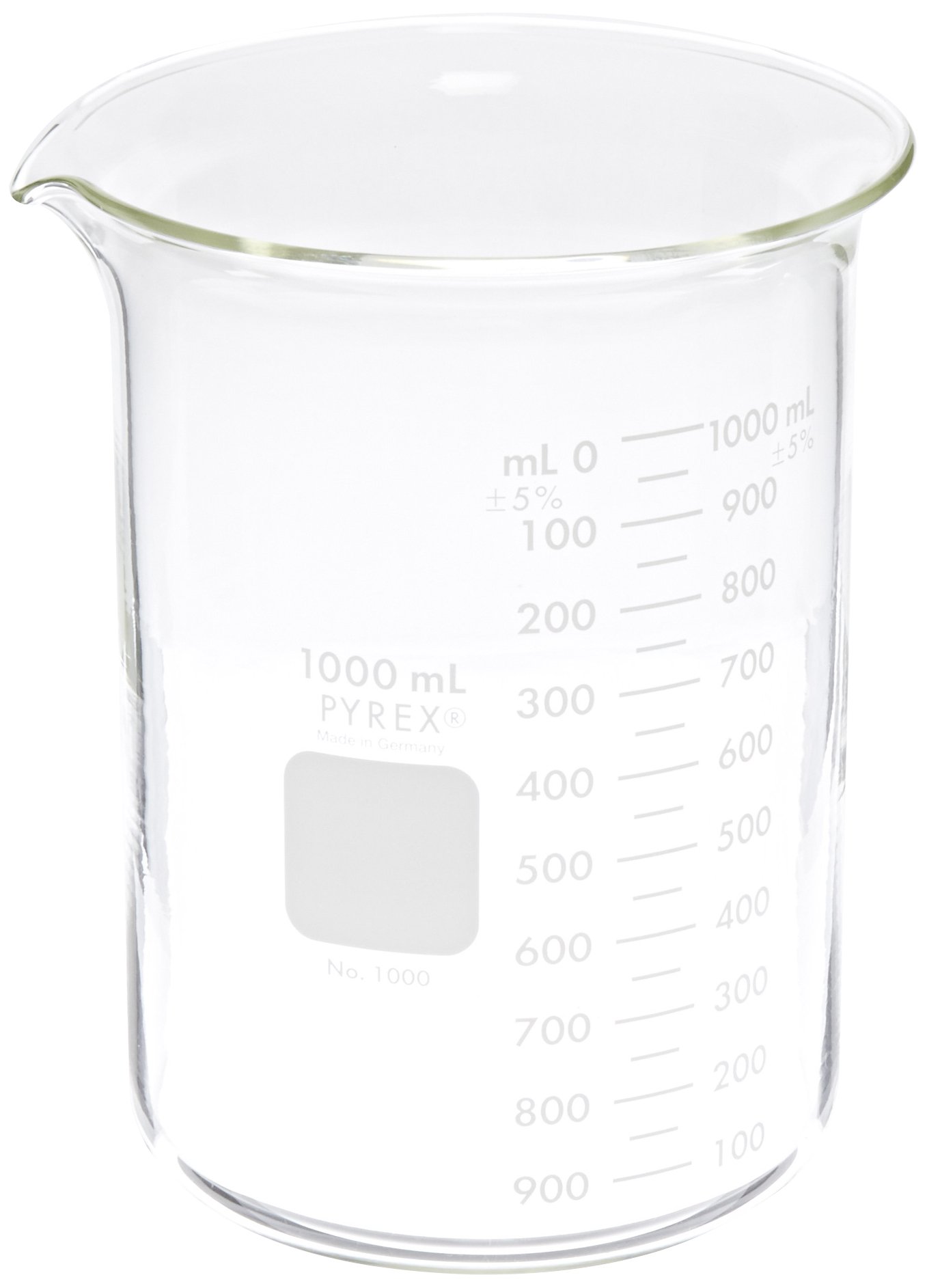 Corning Pyrex 1000-1L Glass 1 Liter Graduated Low Form Griffin Beaker, 50mL Graduation Interval, with Double Scale (Pack of 6)