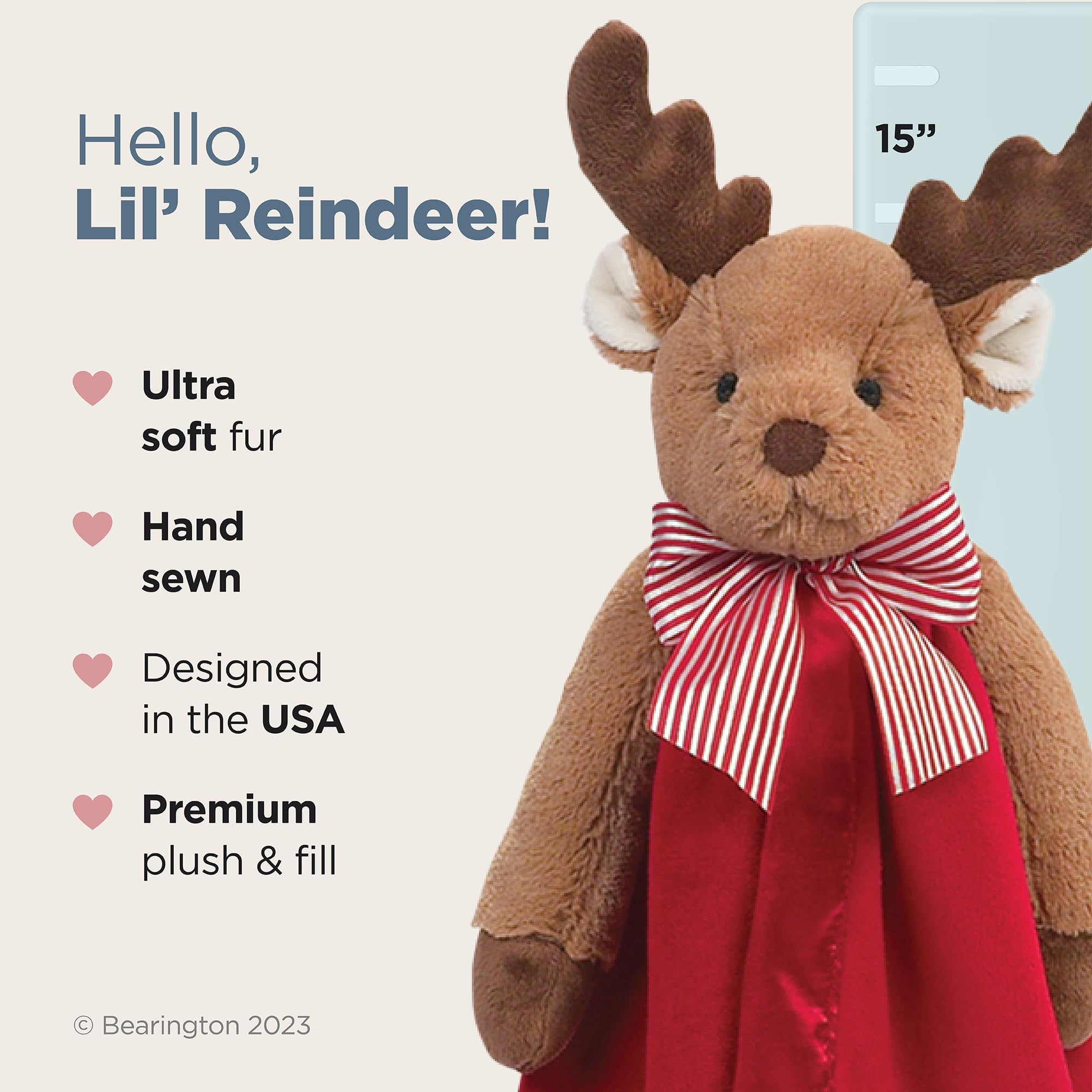 Bearington Baby Lil' Reindeer Snuggler, 15 Inch Christmas Plush Stuffed Animal Security Blanket Lovey for Babies