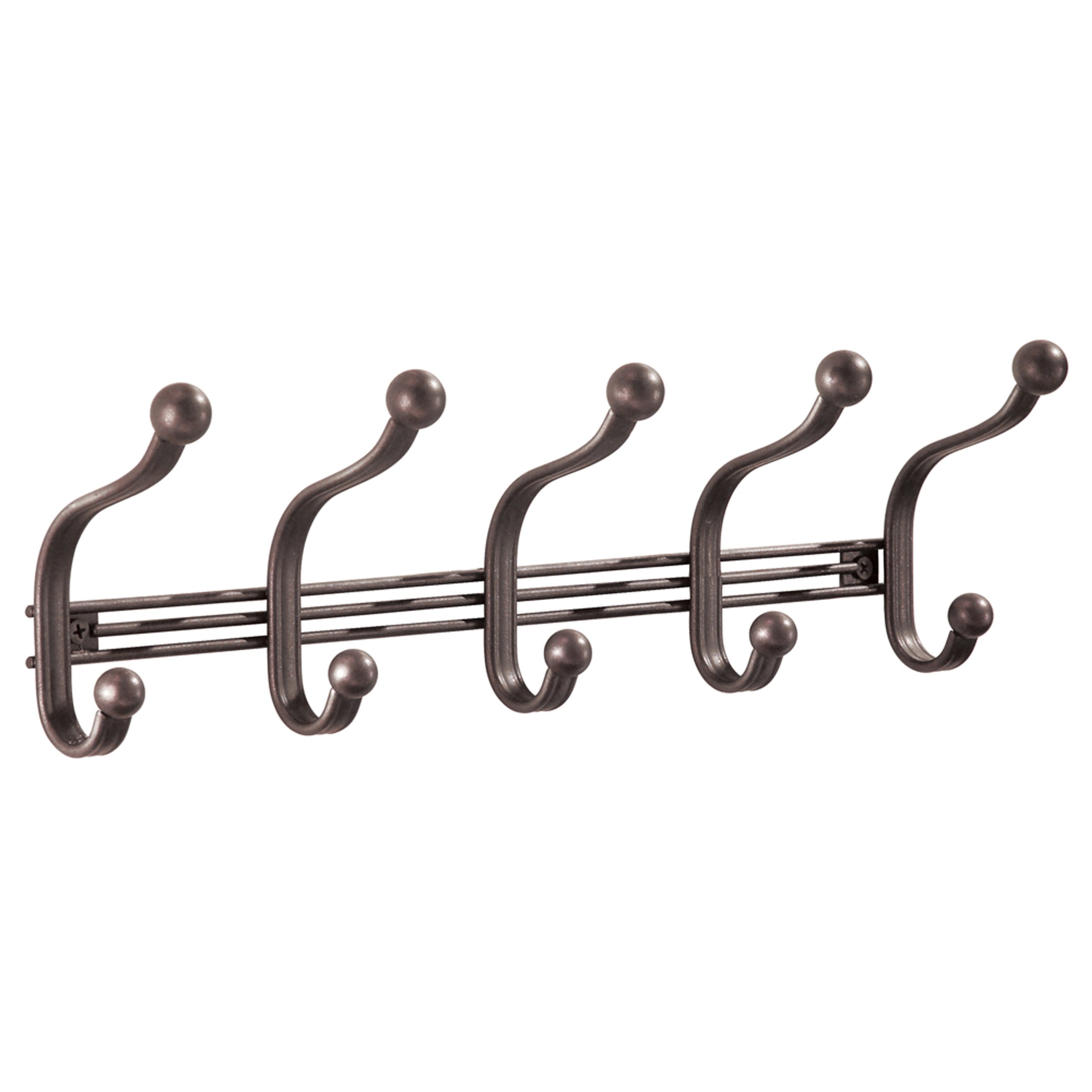 InterDesign York Lyra Wall Mount Storage Rack – Hanging Hooks for Jackets, Coats, Hats, Scarves - 5 Dual Hooks, Bronze