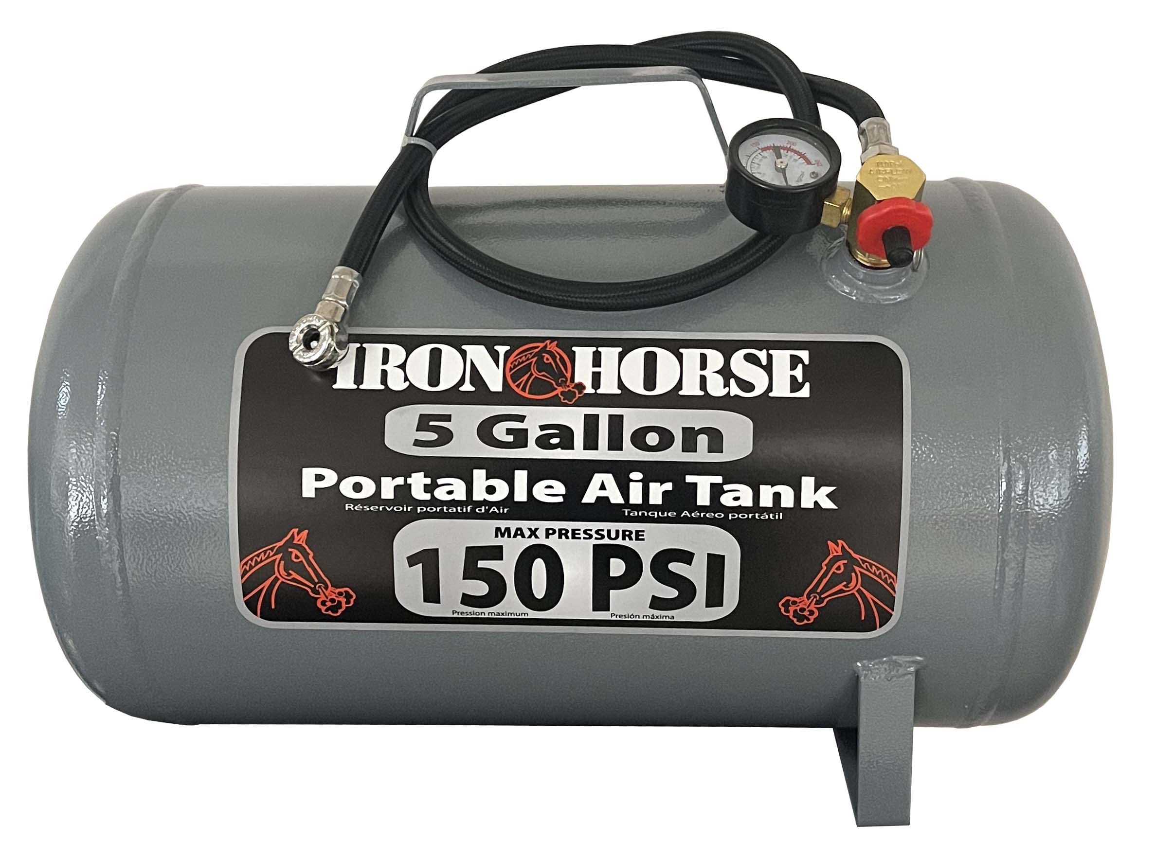 Ironhorse IHCT-05 5-Gallon 150 PSI Max Portable Air Tank with 4 ft ¼ in Air Hose, Easy Read Tank Gauge