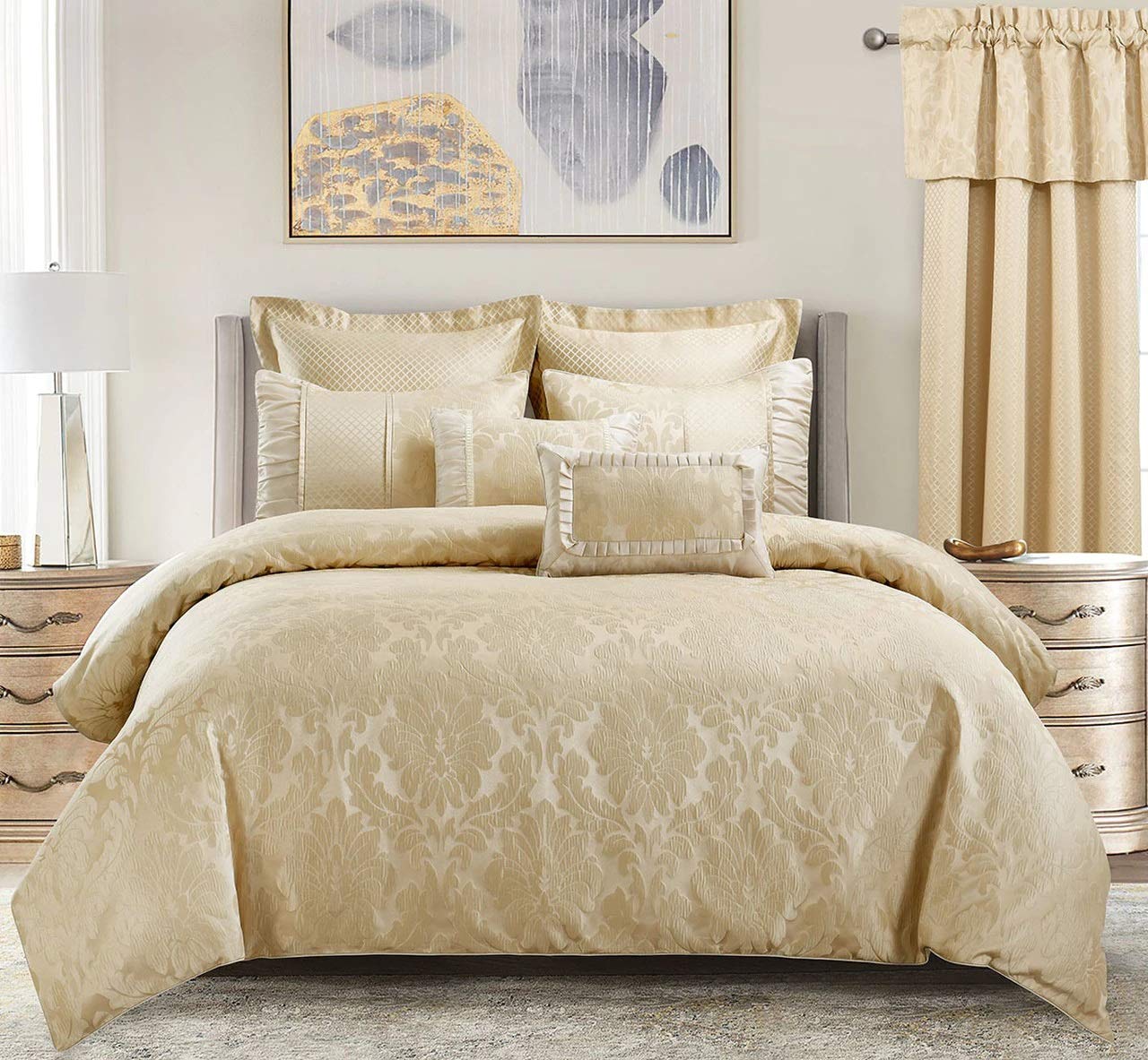 Wholesalebeddings Sara Jacquard Cotton Blend, King-California King 7PC Cover Set, Multi-Tone of Beige