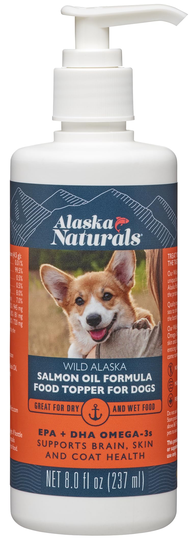 Alaska Naturals – Wild Alaska Salmon Oil Formula Dog Food Topper – EPA and DHA Omega-3 - Supplement for Healthy Skin, Shiny Coat – Made in The USA – 8 oz. Pump Bottle