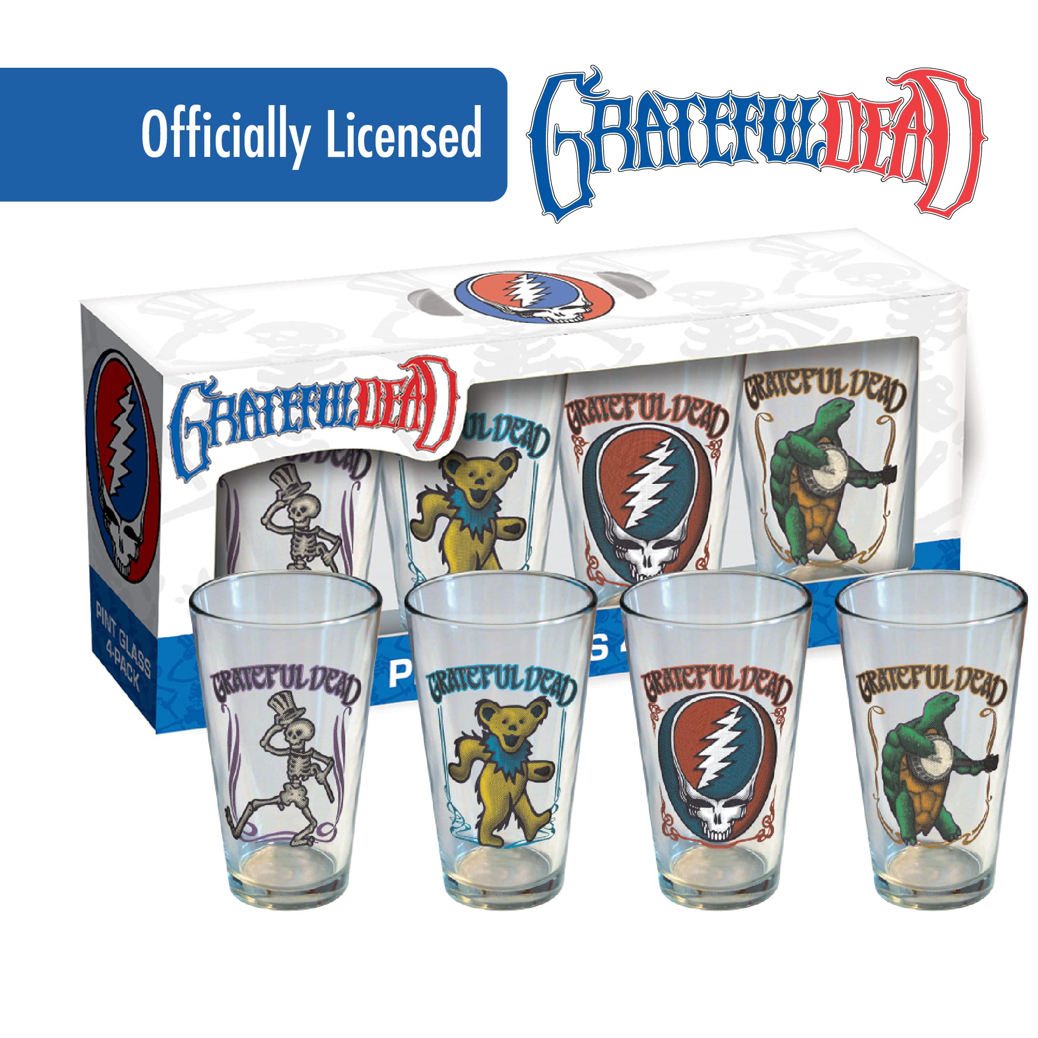 ICUP Grateful Dead Retro Pint Glass Set 4 Pack (terrapin, stealie, bear, skeleton), 16 oz