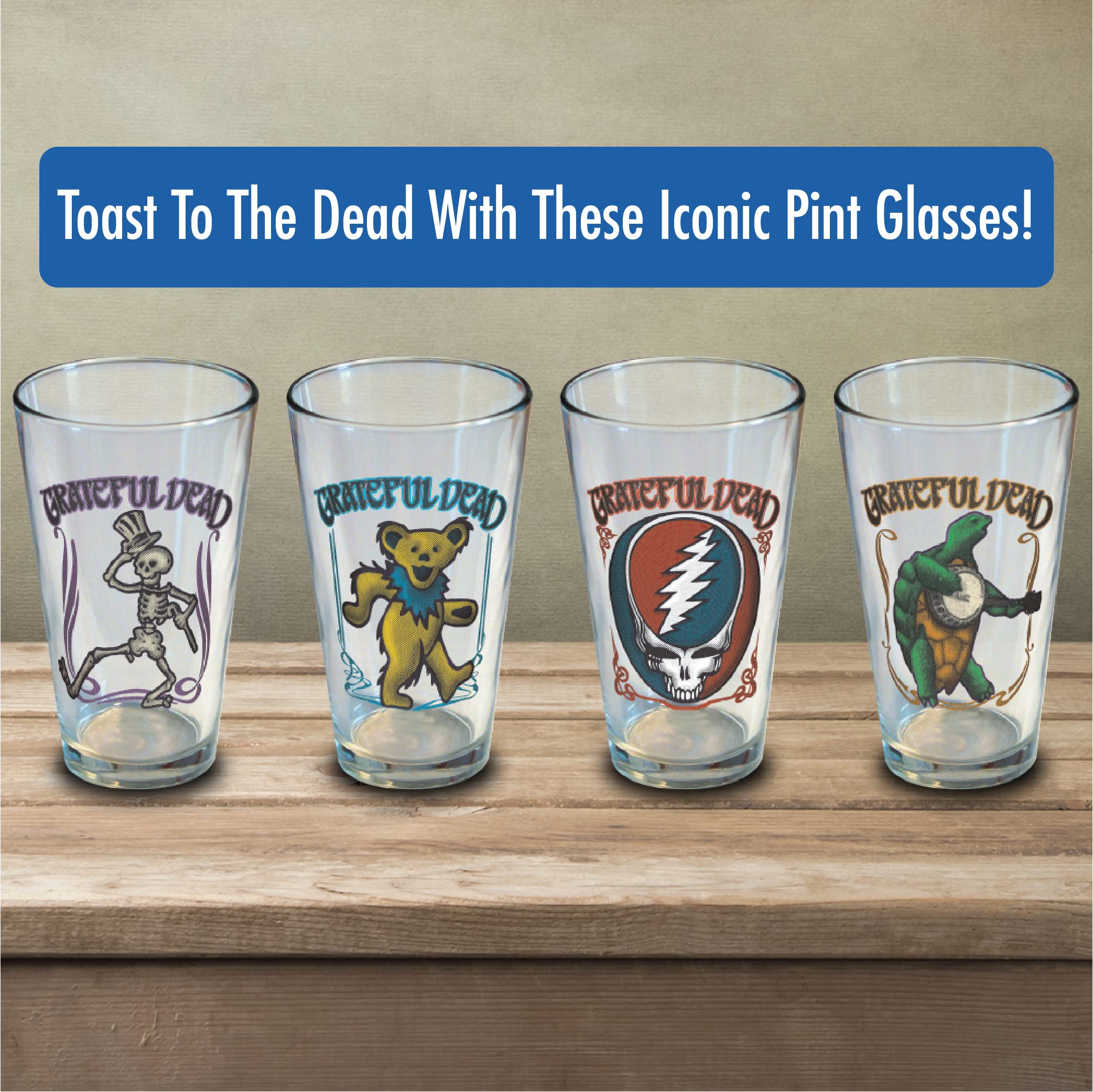 ICUP Grateful Dead Retro Pint Glass Set 4 Pack (terrapin, stealie, bear, skeleton), 16 oz