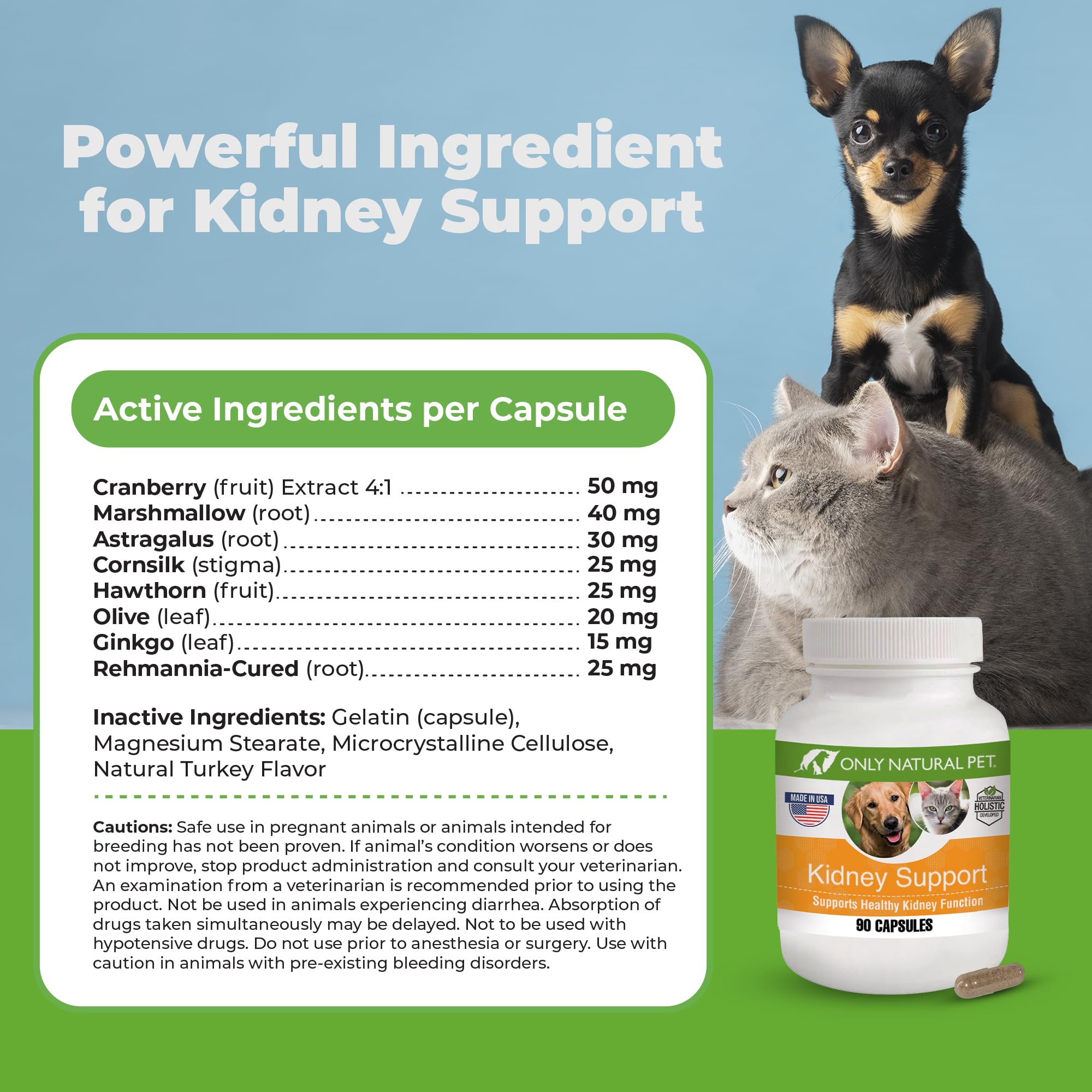 ONLY NATURAL PET Kidney Support Supplement | Supports Urinary Tract & Bladder Health w/Cranberry Extract | Incontinence Prevention (Capsules May be Opened and Contents Mixed w/Food) - 90 Capsules