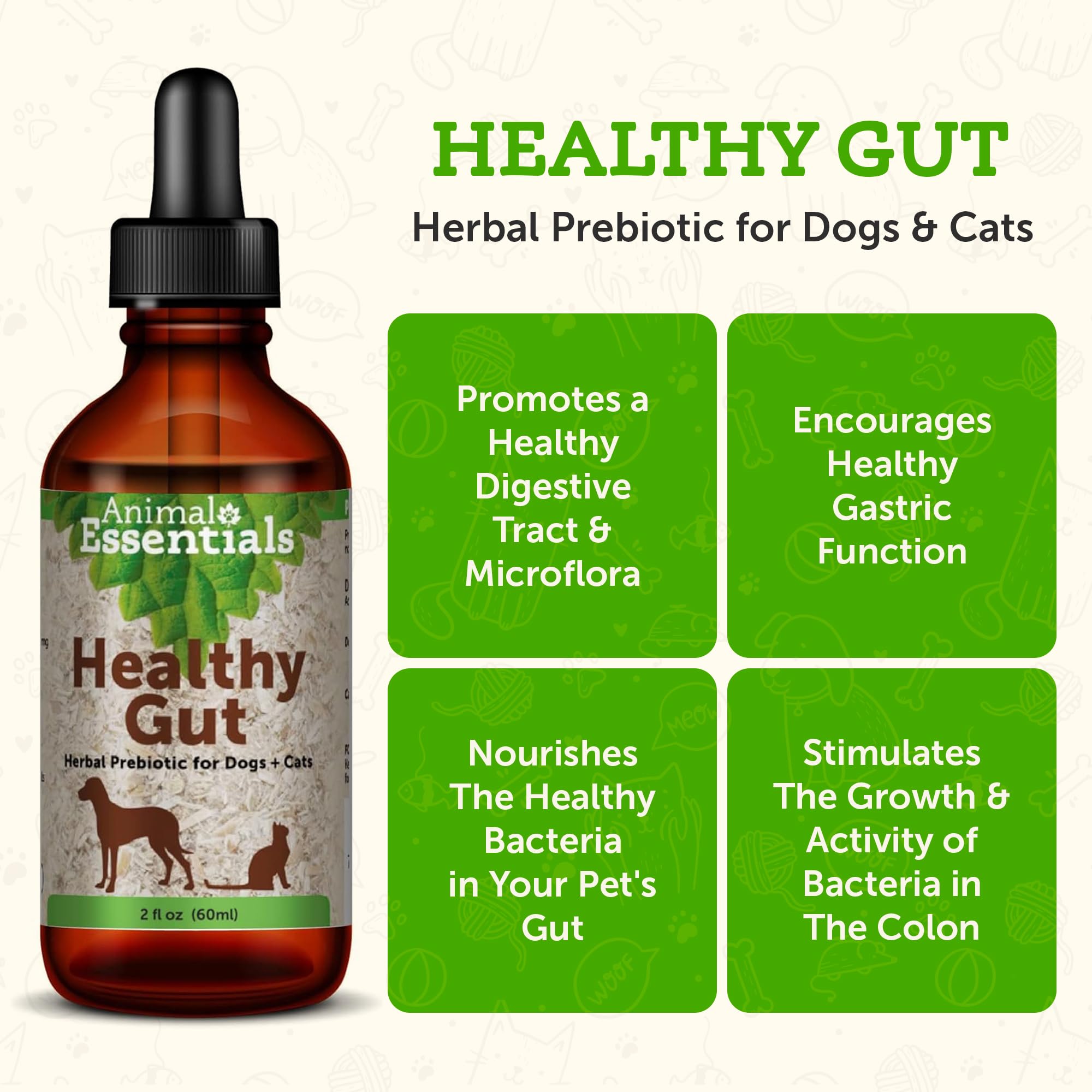 Animal Essentials Healthy Gut - Herbal Prebiotic for Dogs & Cats, Gut Health Blend, Herbal Formula, Organic Human Grade Herbs, Veterinarian Recommended, Liquid Tonic - 2 Fl Oz