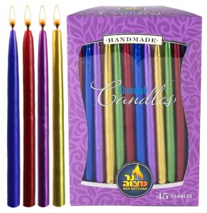 dripless chanukah candles standard size - metallic multi colored hanukkah candles fits most menorahs - premium quality wax - 45 count for all 8 nights of hanukkah - by ner mitzvah