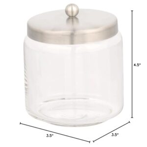 iDesign Forma Glass Bathroom Vanity Glass Apothecary Jar with Lid for Cotton Balls, Swabs, Cosmetic Pads, Candy, 3.5" x 4.5", Clear and Brushed Stainless Steel