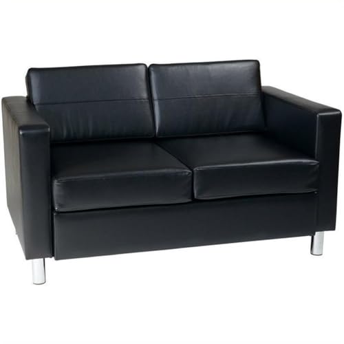 OSP Home Furnishings Pacific Loveseat with Padded Box Spring Seats and Silver Finish Legs, Black Vinyl