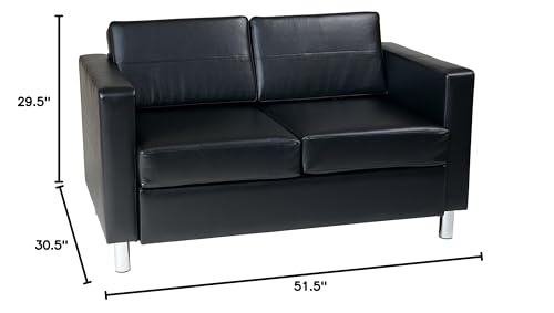 OSP Home Furnishings Pacific Loveseat with Padded Box Spring Seats and Silver Finish Legs, Black Vinyl