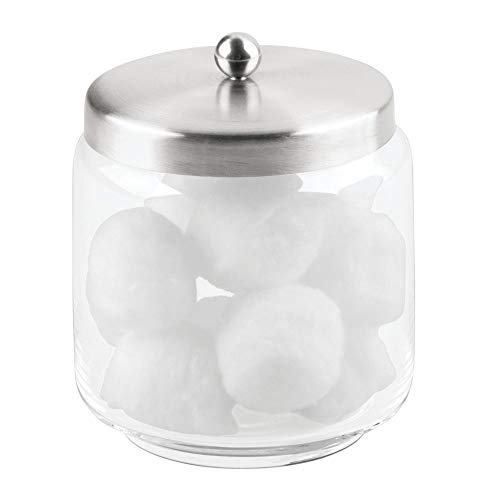 iDesign Forma Glass Bathroom Vanity Glass Apothecary Jar with Lid for Cotton Balls, Swabs, Cosmetic Pads, Candy, 3.5" x 4.5", Clear and Brushed Stainless Steel