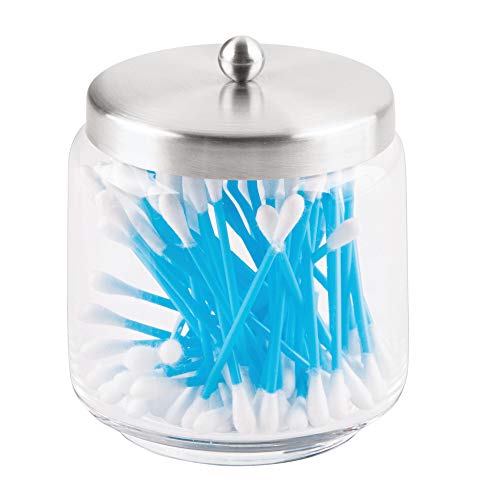 iDesign Forma Glass Bathroom Vanity Glass Apothecary Jar with Lid for Cotton Balls, Swabs, Cosmetic Pads, Candy, 3.5" x 4.5", Clear and Brushed Stainless Steel