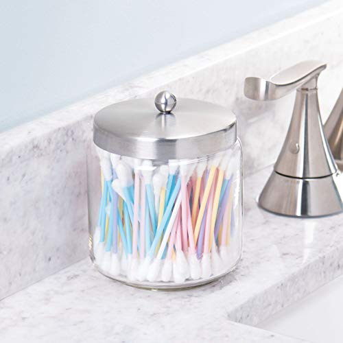 iDesign Forma Glass Bathroom Vanity Glass Apothecary Jar with Lid for Cotton Balls, Swabs, Cosmetic Pads, Candy, 3.5" x 4.5", Clear and Brushed Stainless Steel