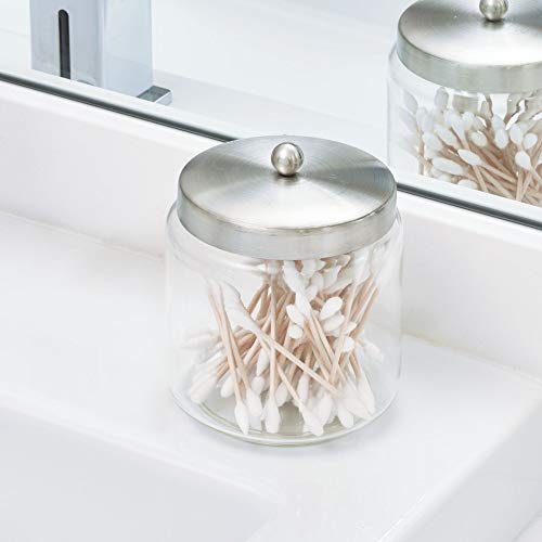 iDesign Forma Glass Bathroom Vanity Glass Apothecary Jar with Lid for Cotton Balls, Swabs, Cosmetic Pads, Candy, 3.5" x 4.5", Clear and Brushed Stainless Steel