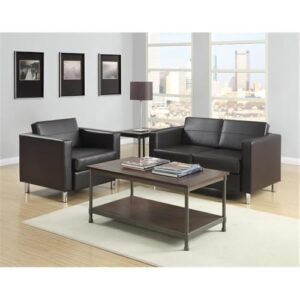 OSP Home Furnishings Pacific Loveseat with Padded Box Spring Seats and Silver Finish Legs, Black Vinyl