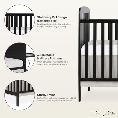 Dream On Me Anna 3-in-1 Full-Size Crib and Changing Table Combo in Black, Greenguard Gold Certified, Non-Toxic Finishes, Includes 1" Changing Pad, Wooden Nursery Furniture