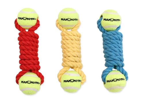 Mammoth Flossy Chews Twister Rope Toy with Tennis Balls – Premium Cotton-Poly Tug Toy for Dogs – Interactive Dog Tug Toy – Rope Dog Toy with Tennis Balls for Small Dogs - Mini 7.5" - Assorted Colors