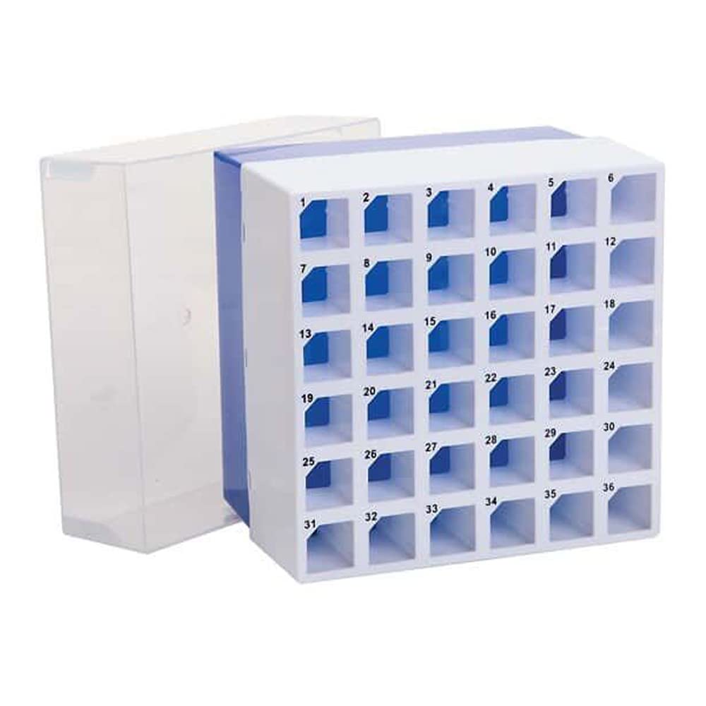 Argos R0015 Blue Polypropylene 36 Place Centrifuge Tube Freezer Storage Box with Clear Lid for 15mL Centrifuge Tubes, 5-3/4" Length x 5-3/4" Width x 4-7/8" Height (Pack of 2)