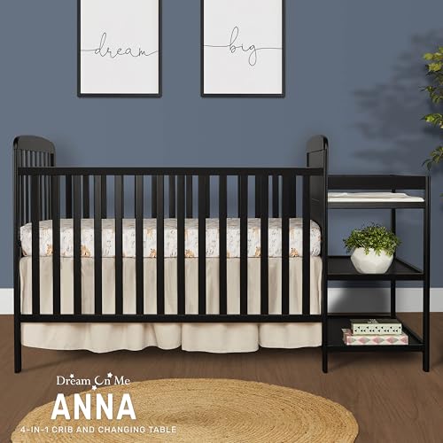 Dream On Me Anna 3-in-1 Full-Size Crib and Changing Table Combo in Black, Greenguard Gold Certified, Non-Toxic Finishes, Includes 1" Changing Pad, Wooden Nursery Furniture