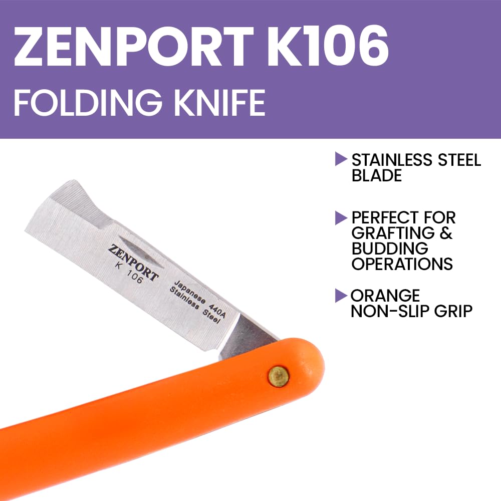 Zenport K106 Grafting and Budding Folding Knife, Dual Edge Tip, 2.25-Inch Stainless Japanese Steel Blade