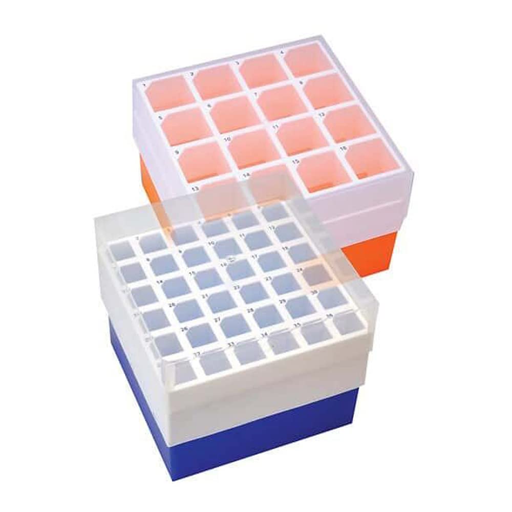 Argos R0015 Blue Polypropylene 36 Place Centrifuge Tube Freezer Storage Box with Clear Lid for 15mL Centrifuge Tubes, 5-3/4" Length x 5-3/4" Width x 4-7/8" Height (Pack of 2)