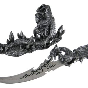 Wicked Fire Dragon Fantasy Letter Opener Knife Dagger and Holder Base,Polyresin