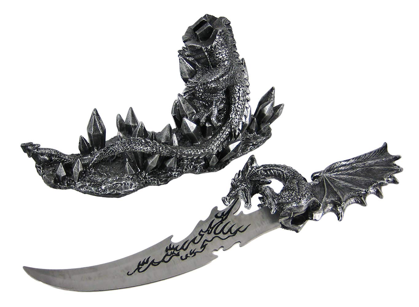 Wicked Fire Dragon Fantasy Letter Opener Knife Dagger and Holder Base,Polyresin