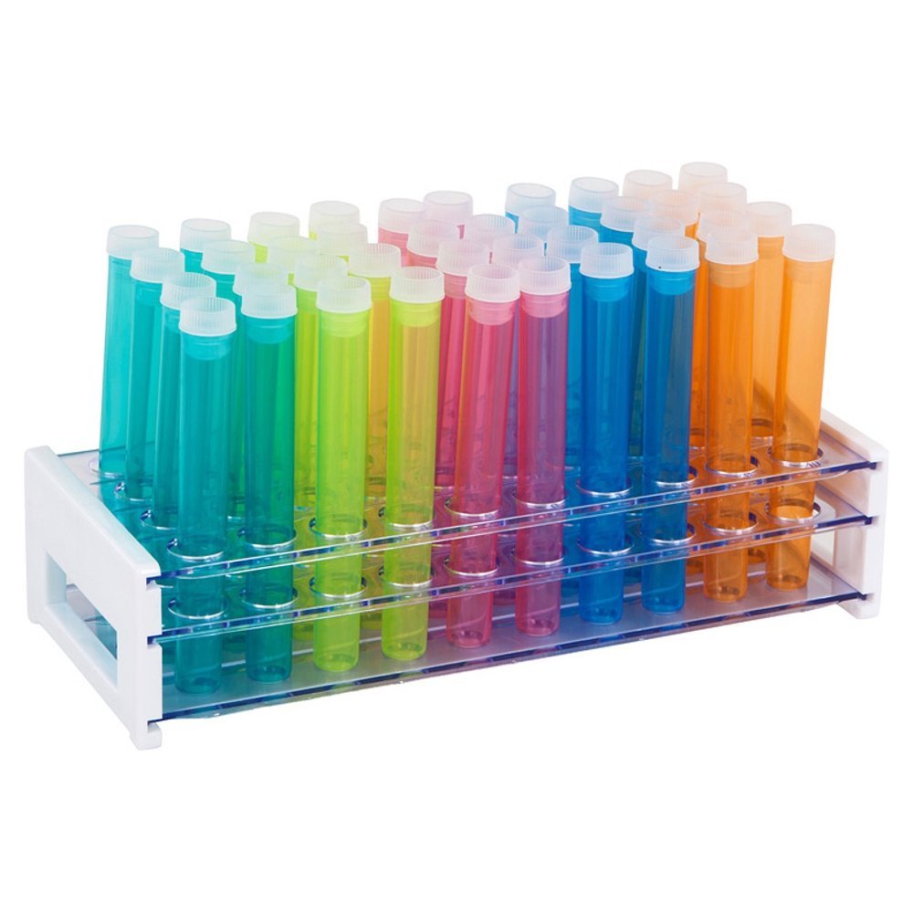 50 Tube - 16x125mm Assorted Color Plastic Test Tube Set with Caps and Rack, Karter Scientific 150A17