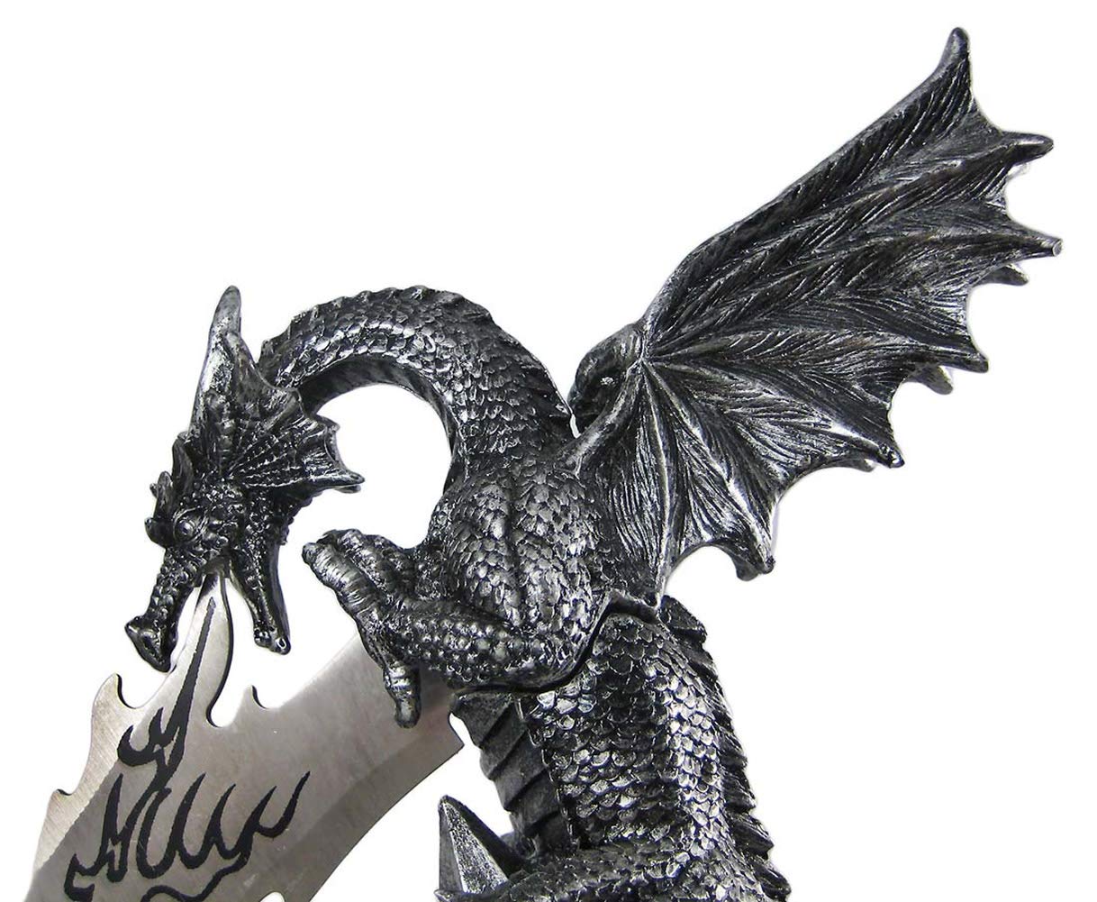 Wicked Fire Dragon Fantasy Letter Opener Knife Dagger and Holder Base,Polyresin