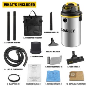 Stanley Wet/Dry Hanging Vacuum, 4.5 Gallon, 4 Horsepower, Stainless Steel Tank