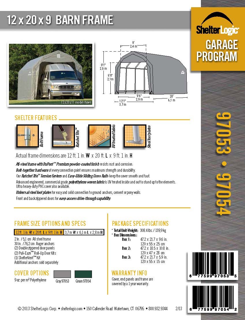 ShelterLogic 97053 Grey 12'x20'x9' Barn Shelter