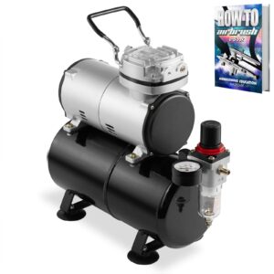 pointzero 1/5 hp airbrush compressor with air tank, regulator, gauge and water trap - quiet portable pump