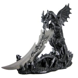 Wicked Fire Dragon Fantasy Letter Opener Knife Dagger and Holder Base,Polyresin